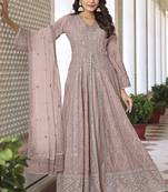 Partywear heavy sequance with thread embroidery work fawn colour anarkali suit