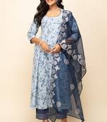 Designer printed with gotta work sky blue colour partywear girlish dress