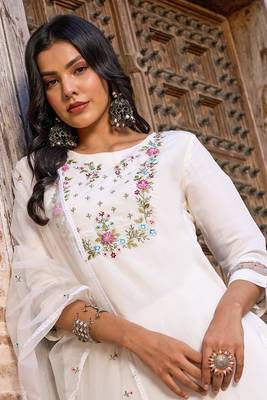 White colour fancy and girlish partywear embroidered party suit 3