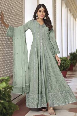 Partywear heavy sequance with thread embroidery work pista colour anarkali suit 1