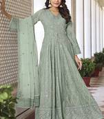 Partywear heavy sequance with thread embroidery work pista colour anarkali suit