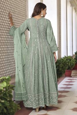 Partywear heavy sequance with thread embroidery work pista colour anarkali suit 2