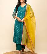 Designer foil printed teal colour partywear girlish dress