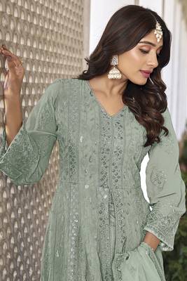Partywear heavy sequance with thread embroidery work pista colour anarkali suit 3