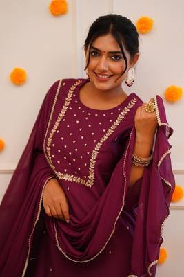 Wine colour fancy and sober embroidered salwar suit 2