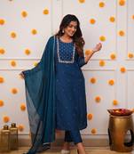 Petrol colour fancy and sober embroidered salwar suit