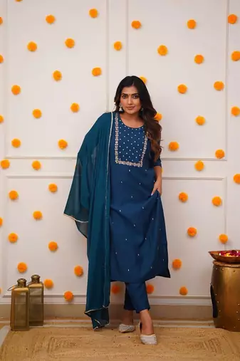 Petrol colour fancy and sober embroidered salwar suit