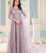 Light purple heavy embroidery net semi stitch wedding gowns