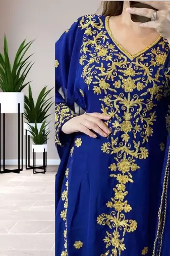 Navy Blue Georgette Gold Zari Work Abaya Style Islamic Abaya