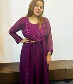 women's ethnic foil  mirror work georgette crop top lehenga with shrug - maroon