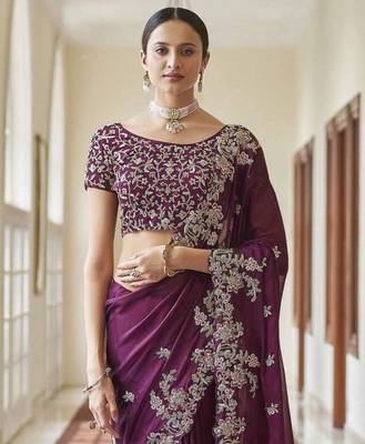 Purple Art Silk Aari Embroidered Designer Party Wear Saree 1