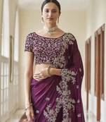 Purple Art Silk Aari Embroidered Designer Party Wear Saree