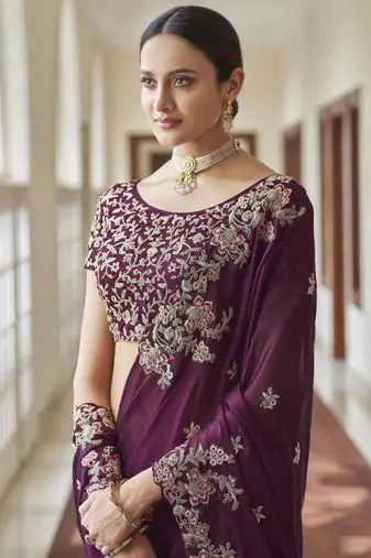 Purple Art Silk Aari Embroidered Designer Party Wear Saree