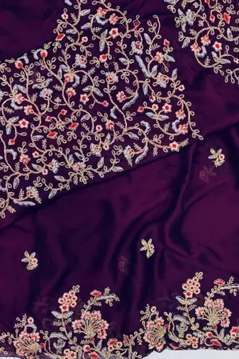 Purple Art Silk Aari Embroidered Designer Party Wear Saree