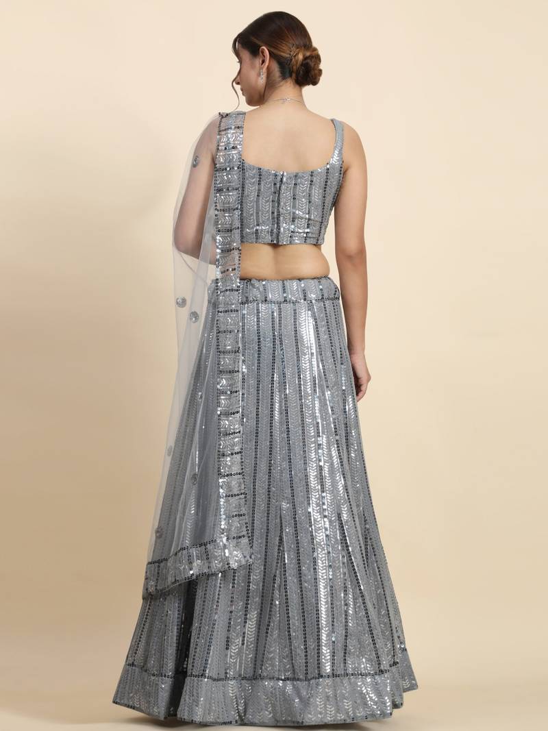 Grey 3Mm And 7Mm Sequins Embroidered Georgette Party Wear Lehenga Choli