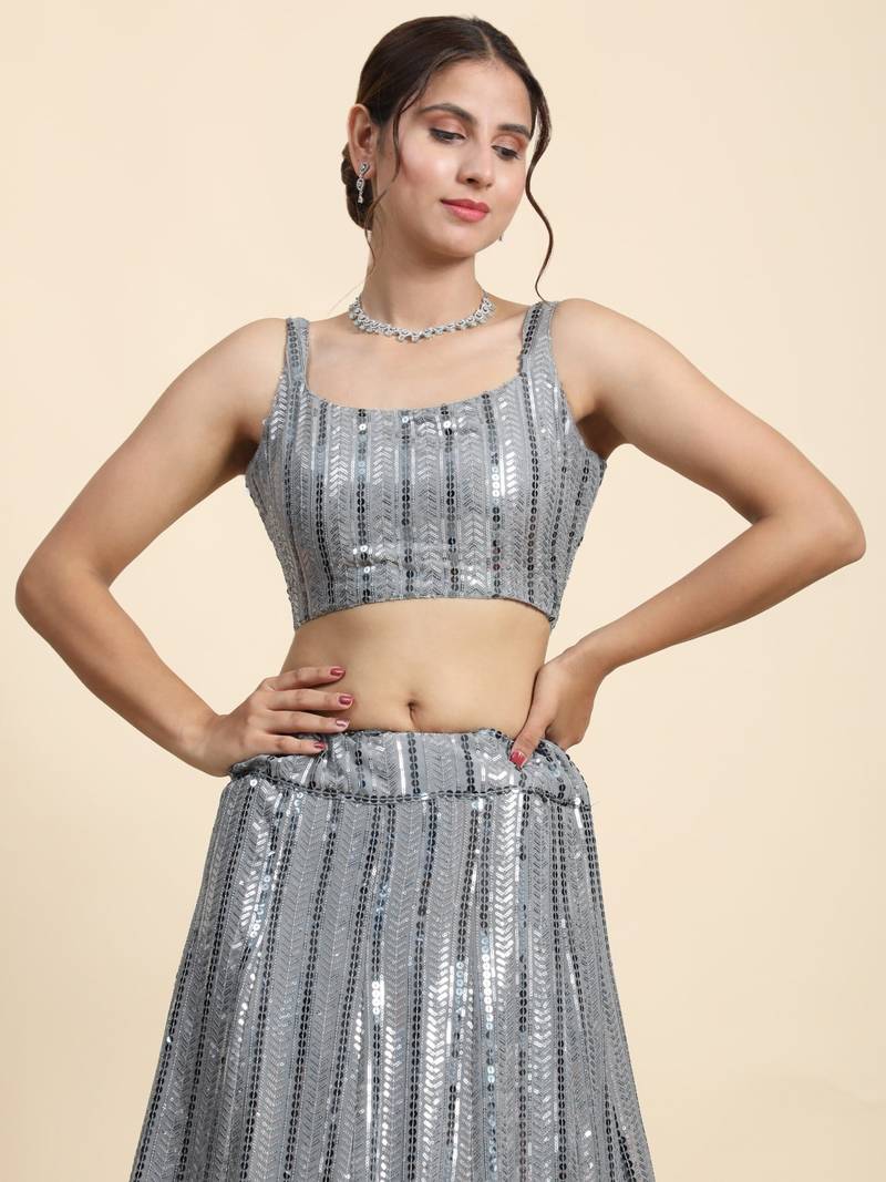 Grey 3Mm And 7Mm Sequins Embroidered Georgette Party Wear Lehenga Choli
