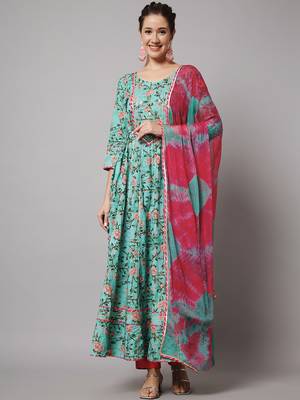 Sea green and red floral maxi dress with dupatta 1