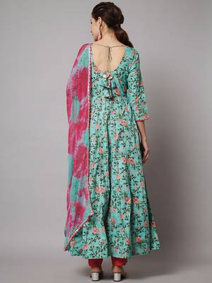 Sea green and red floral maxi dress with dupatta 2
