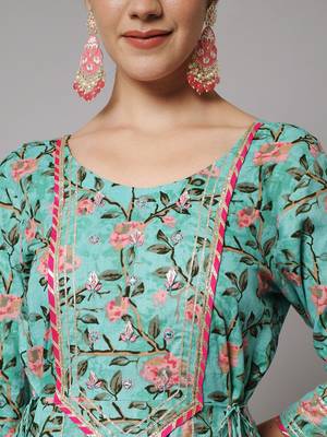Sea green and red floral maxi dress with dupatta 4