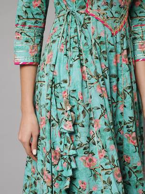 Sea green and red floral maxi dress with dupatta 5