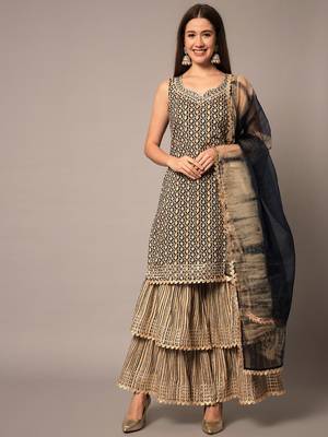 Midnight Blue and Beige Rayon Zari Work Embroidered Sharara Set 1