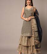 Midnight Blue and Beige Rayon Zari Work Embroidered Sharara Set