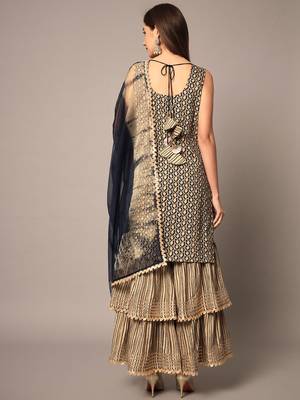 Midnight Blue and Beige Rayon Zari Work Embroidered Sharara Set 2