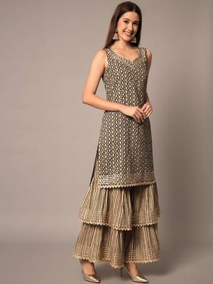 Midnight Blue and Beige Rayon Zari Work Embroidered Sharara Set 3