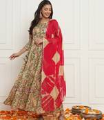 Beige floral anarkali suit set with dupatta