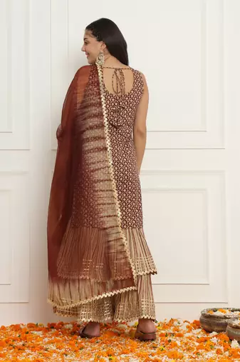 Women floral brown sharara set with dupatta