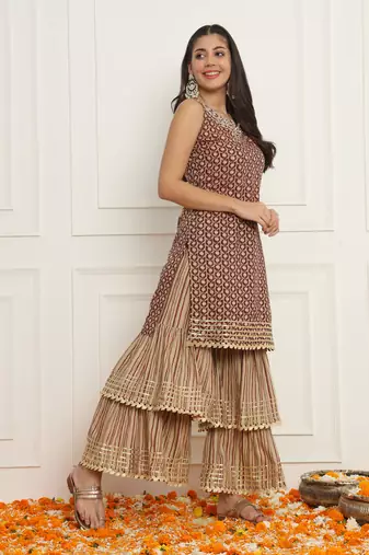 Women floral brown sharara set with dupatta