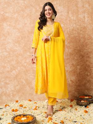 Akshuna Rayon Mirror Work Embroidered Yellow Anarkali Suit  1