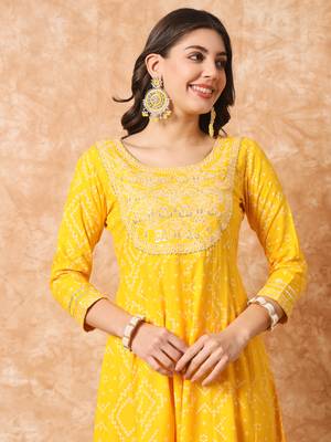 Akshuna Rayon Mirror Work Embroidered Yellow Anarkali Suit  2