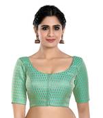 Green Brocade Elbow Sleeves Round Neck Princess Cut Padded Readymade Saree Blouse