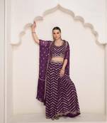 Dark purple heavy chinon crop top, palazzo & shrug set
