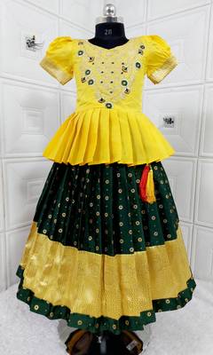 Kids Yellow  New south Indian traditional pattu pavadai Jacquard Lehenga choli for girls dress 1