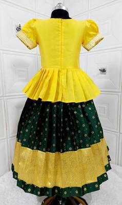 Kids Yellow  New south Indian traditional pattu pavadai Jacquard Lehenga choli for girls dress 2