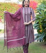 Wine printed cotton blend stitched straight kurta pant with dupatta