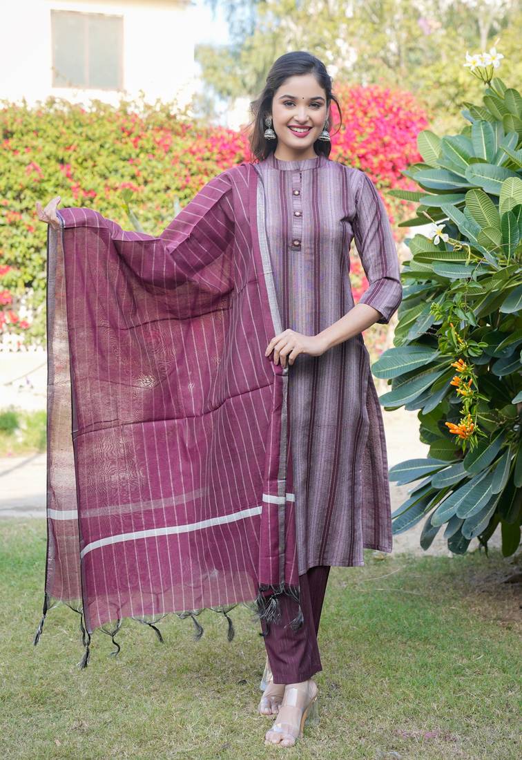 Wine printed cotton blend stitched straight kurta pant with dupatta