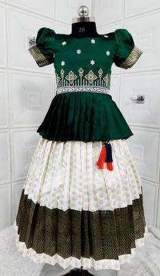 Kids Green New south Indian traditional pattu pavadai Jacquard Lehenga choli for girls dress 1