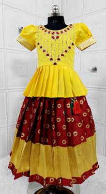 Kids Yellow New south Indian traditional pattu pavadai Jacquard Lehenga choli for girls dress 1