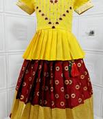 Kids Yellow New south Indian traditional pattu pavadai Jacquard Lehenga choli for girls dress