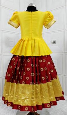 Kids Yellow New south Indian traditional pattu pavadai Jacquard Lehenga choli for girls dress 2
