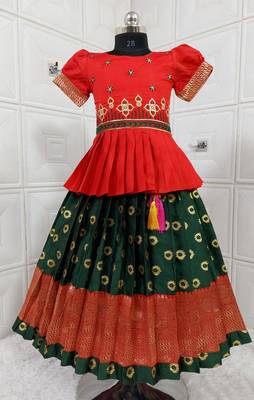 Kids Red New south Indian traditional pattu pavadai Jacquard Lehenga choli for girls dress 1