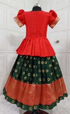 Kids Red New south Indian traditional pattu pavadai Jacquard Lehenga choli for girls dress 2