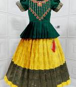 Kids Green New south Indian traditional pattu pavadai Jacquard Lehenga choli for girls dress