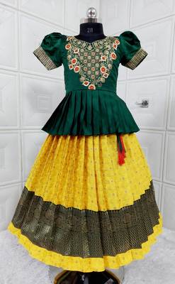 Kids Green New south Indian traditional pattu pavadai Jacquard Lehenga choli for girls dress 1