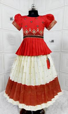 Kids Red New south Indian traditional pattu pavadai Jacquard Lehenga choli for girls dress 1