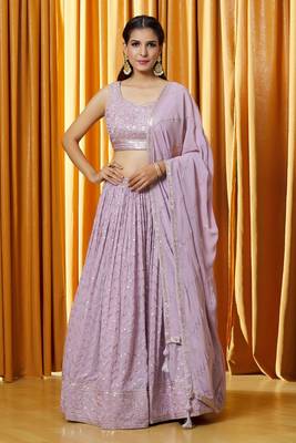 Lavender Sequience Embroidery Work Faux Georgette Fabric Flared Lehenga Choli With Dupatta. 1