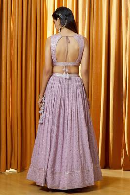 Lavender Sequience Embroidery Work Faux Georgette Fabric Flared Lehenga Choli With Dupatta. 2